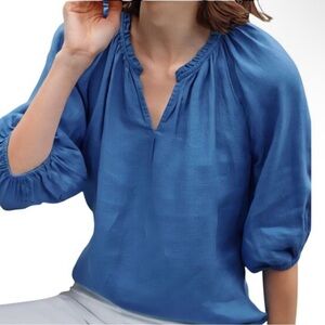 J.Jill Love Linen Puff Sleeve V Neck Boho Peasant Blouse Top XL Petite Blue